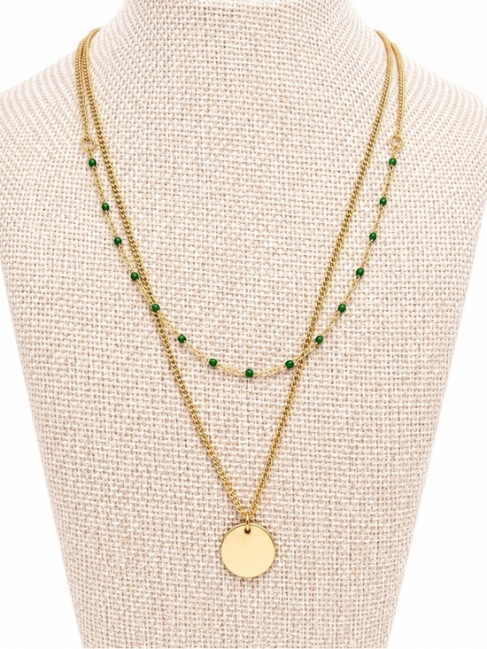 Jewelry - Gold Layered Green Beaded Coin Pendant Necklace Minimalist Boho Adjustable
